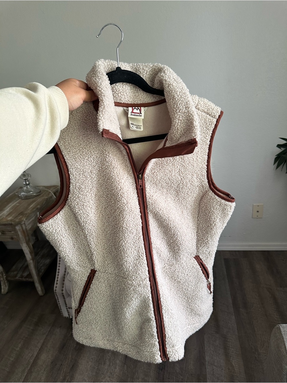 Avalanche Cream Sherpa Vest with Brown Trim